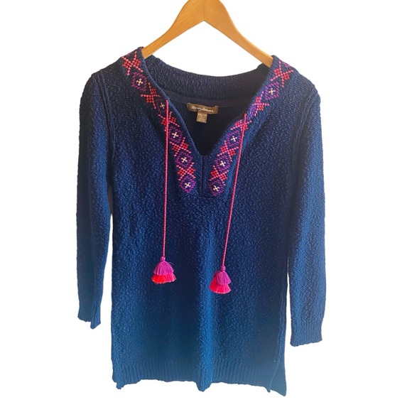 Tommy Bahama Eden Bay Tassel Tunic Sweater Navy‎ Embroidered V-Neck - Picture 2 of 7
